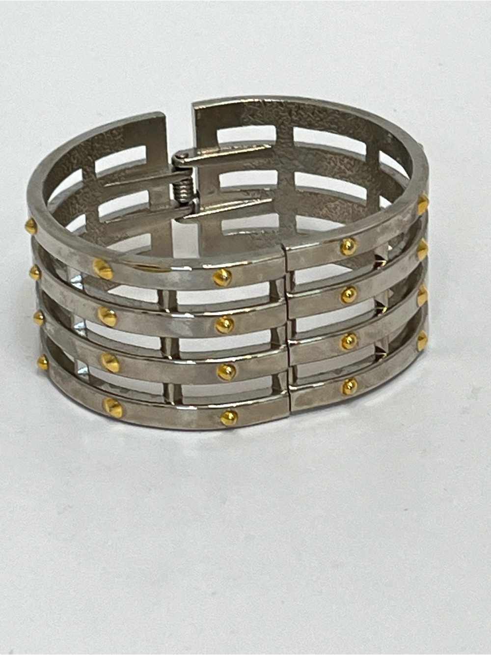 Two Tone Silver Gold Studded Cuff Bracelet Modern Cage Architectural Retro Chic